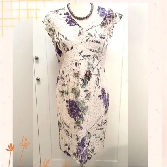 DKNY Floral Print Lace V Neck Cocktail Dress Purple Blush Green & Cream Sz 12 - Picture 5 of 5